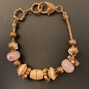 Vintage Pandora Style Bracelet Gold Tone Glass, Enamel, Brass and Crystals Beads